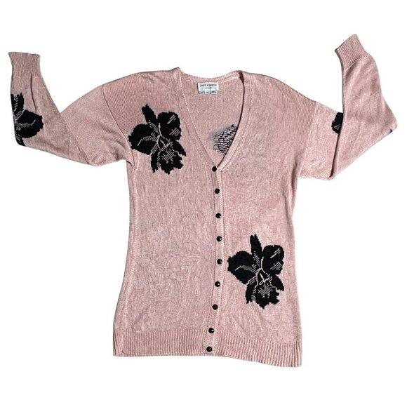 Vintage Jane Smith Santa Fe Silk Pink Cardigan Sweater Black Floral M Women's - Picture 1 of 6